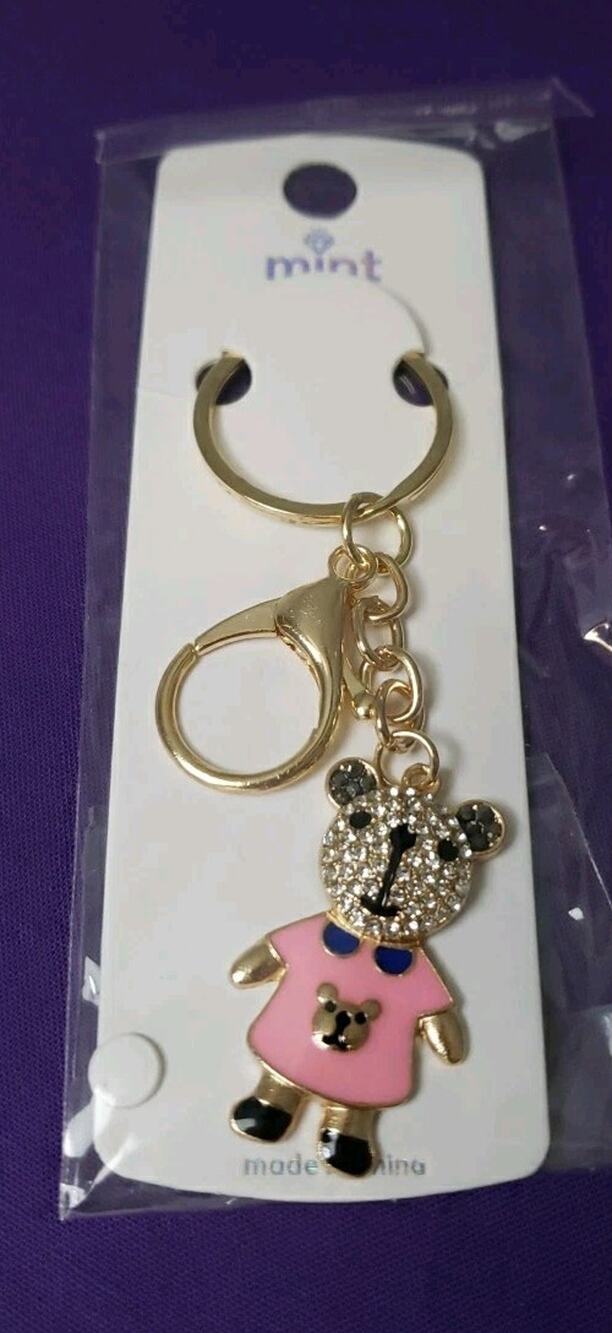 Mint Pink Bear Rhinestone Purse Charm Key Ring Chain Gold Tone New